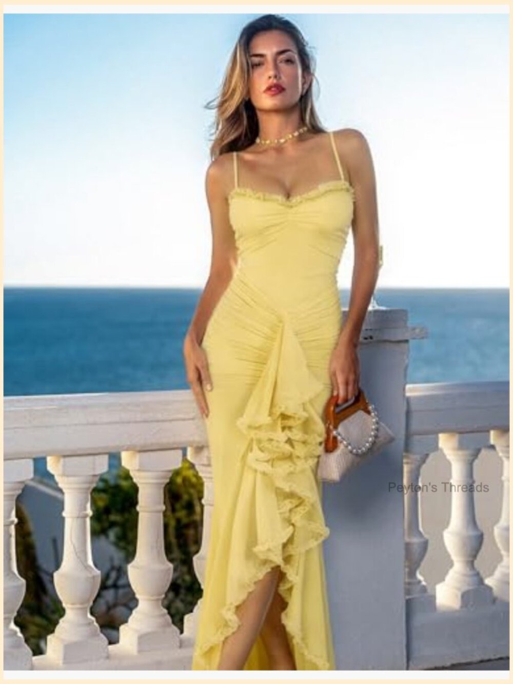 Mesh Layered Ruffle Bodycon Maxi Dress Ruched Spaghetti Strap Formal - Picture 4 of 7